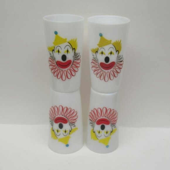 Hazel Atlas Glass Milk White 5 Inch High CLOWN Tumblers, Set of Four - Picture 3 of 4
